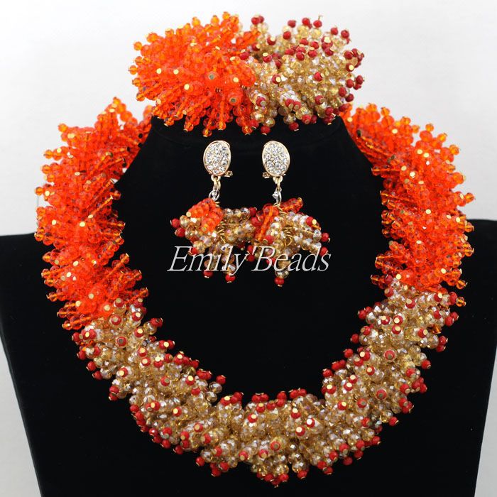2015 Splendid African Wedding Jewelry Set Gold Orange African Costume Nigerian Bridal Necklace Jewelry Set Free Shipping AMJ566